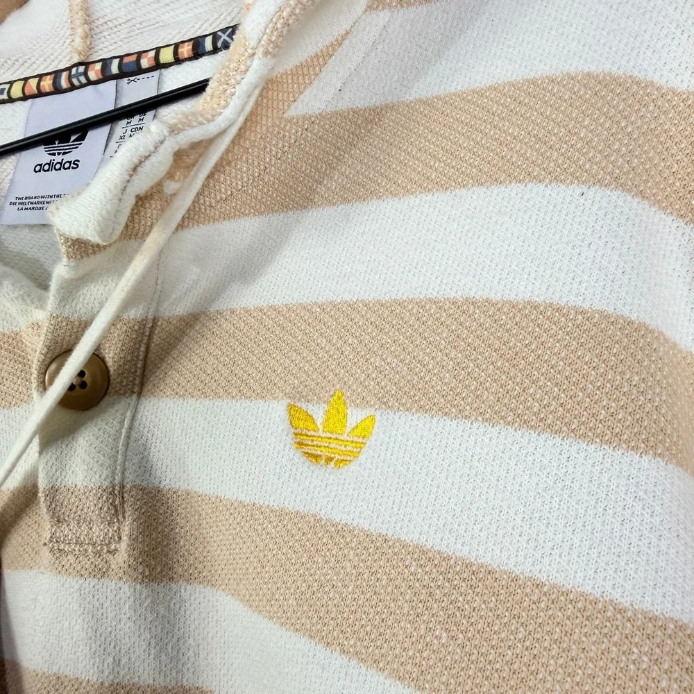 Adidas Originals‎ Mens Striped Henley Hoodie Tan Cream Trefoil Logo Medium